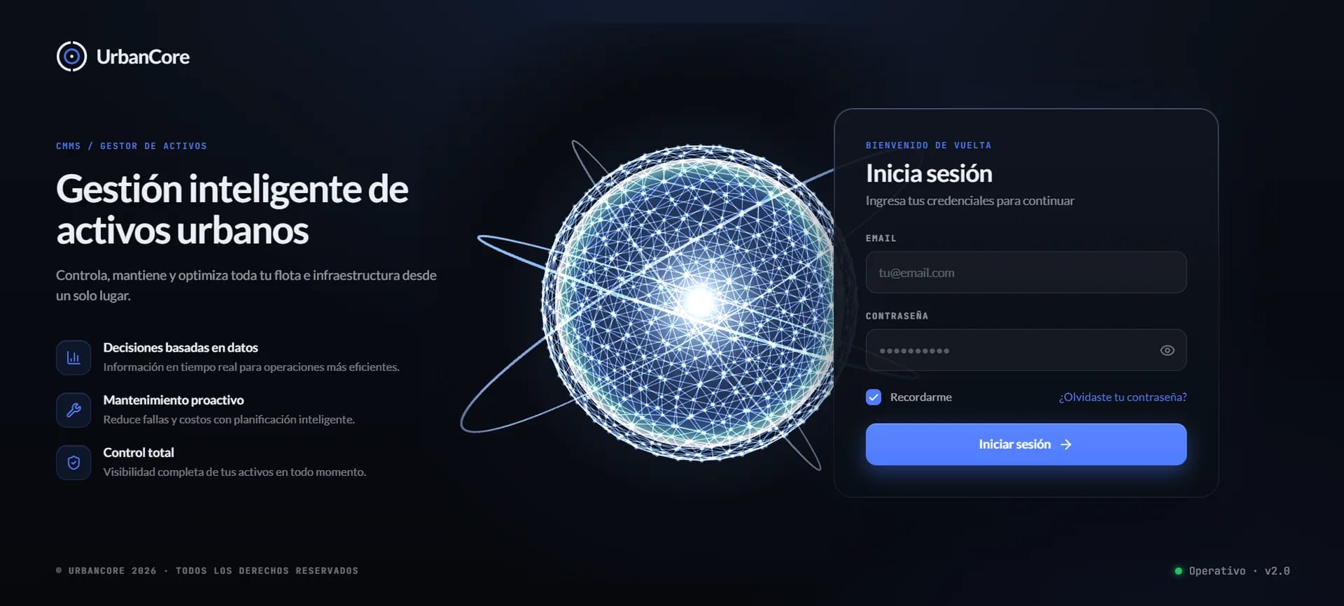 Pantalla de acceso del gestor de activos y mantenimiento de UrbanCore